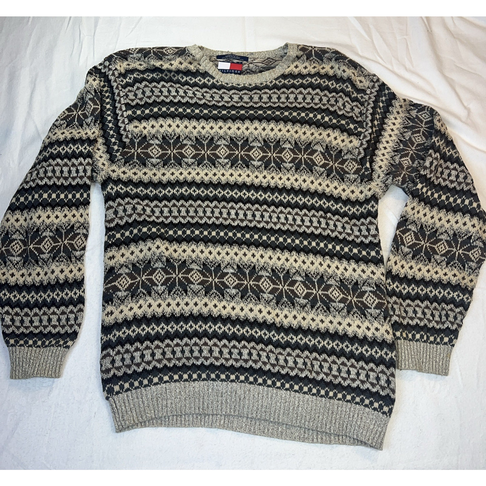 Tommy Hilfiger Men's Sweater Cream‎ Tan Gray Faire Isle Extra Large 90S